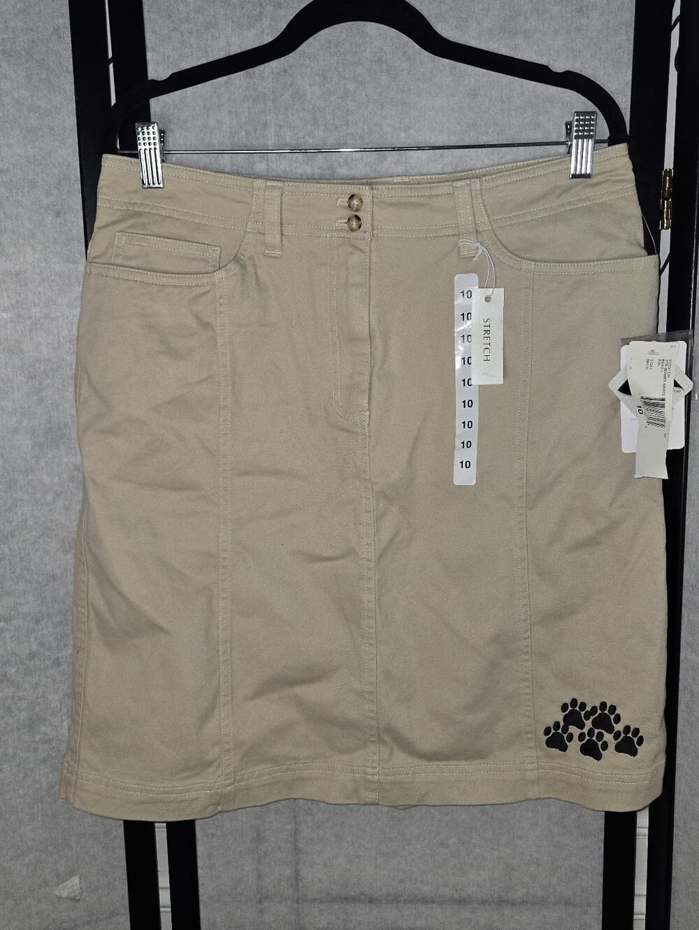 NWT Vintage Khaki Knee-Length Stretch Cotton Skirt Dog Footprints Size 10
